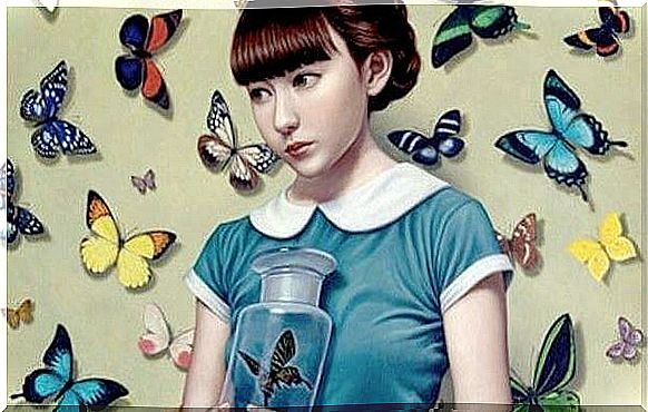 Girl surrounded by butterflies