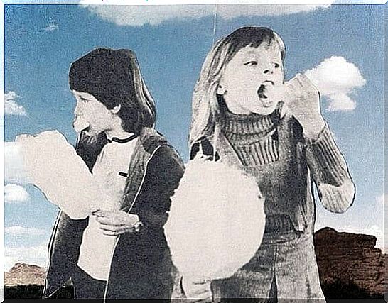 children eating cotton clouds symbolizing actions that damage health