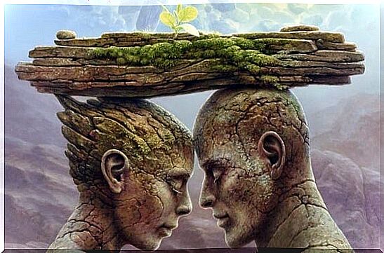 Couple under a stone block where the flower of trust rises