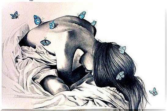 woman with butterflies on her back