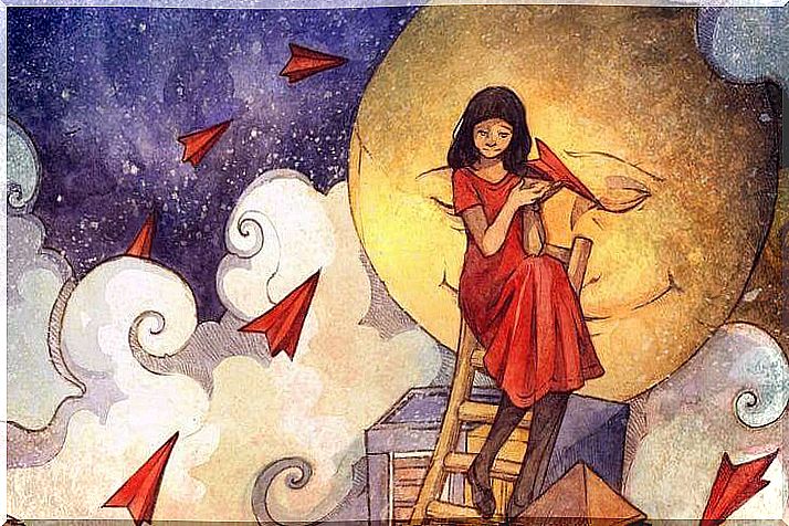 woman in red climbing a ladder