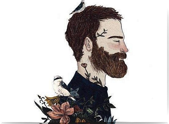 Bearded man and bird on head