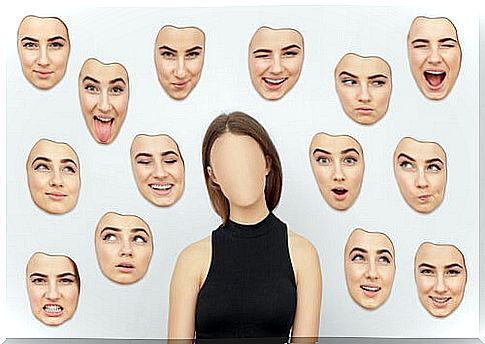 Woman with various faces around