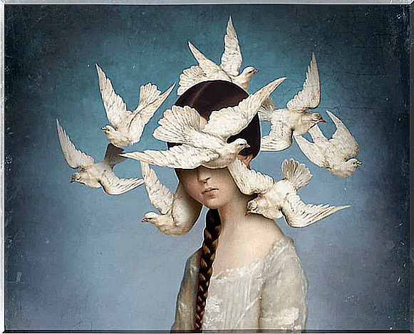 Girl with birds on her head