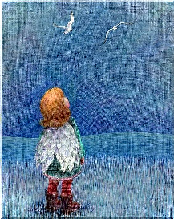 child with wings looking at the sky