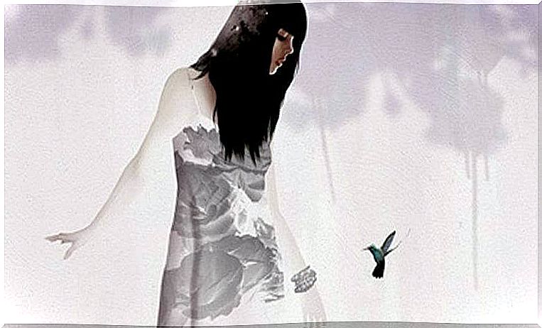 Woman looking at a bird with cognitive distortions